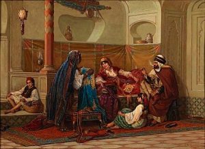 لوحة لبائعة القفطان في مدينة الجزائر للرسام J.B Huysmans سنة 1856